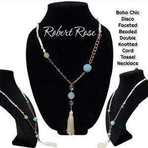 Robert Rose Disco Faceted Beaded Knot Cord Tassel  Necklace blue green cream